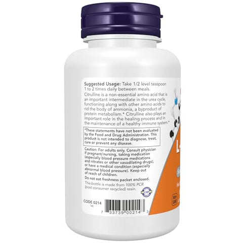 Suplementos, L-Citrulina Pura em Pó, Apoia o Metabolismo Proteico, 113g - NOW Foods