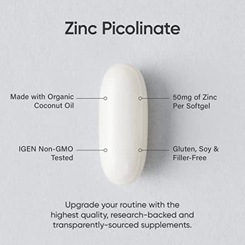 Zinco Picolinato 50mg com Óleo de Coco Orgânico | Suplemento de Zinco Altamente Absorvível para Função Imunológica Saudável – Verificado Não-OGM, Sem Glúten - Sports Research