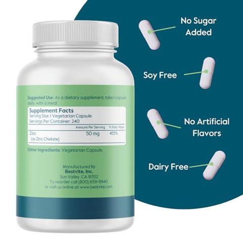 Zinco Quelato 50mg (240 Cápsulas Vegetarianas) – Sem Estearatos – Sem Fosfato Dicálcico – Vegano – Não Transgênico – Sem Glúten - BESTVITE
