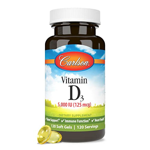 Vitamina D3 5000 UI (125 mcg), Saúde Óssea, Saúde Muscular, Colecalciferol, Suplementos de Vitamina D, Cápsulas Softgel de Vitamina D3, 120 Softgels - Carlson
