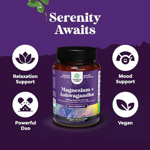 Natures Craft - Magnésio Glicinato 500mg com Raiz de Ashwagandha – Suplemento Calmante de Magnésio para Mulheres e Homens – Vegano 500mg Quelato de Magnésio Amortecido por Porção para Humor, Sono e