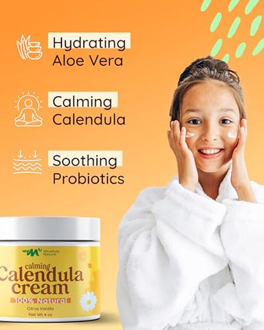 Mindfully Natural - Creme de Calêndula com Aloe Vera Orgânica – Creme de Calêndula para Rosto e Corpo – Loção Infantil Pós-Sol para Alívio de Queimaduras Solares e Condições Leves da Pele (Leve…)