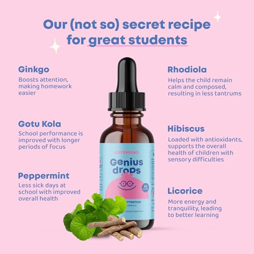 Gotas de Foco Orgânicas JoySpring Genius para Crianças | Suplemento Comprovado Clinicamente para Melhor Desempenho Escolar | Suplemento Líquido de Foco Herbal para Crianças com
