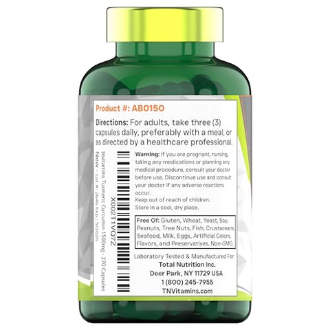 tnvitamins - Cápsulas de Cúrcuma Curcumina com Pimenta Preta | 1500 MG – 270 Cápsulas | Tamanho Econômico – Suprimento de 3 Meses! | Suplemento de Cúrcuma Curcumina Dourada com Pimenta Preta | Não-OGM | Produzido