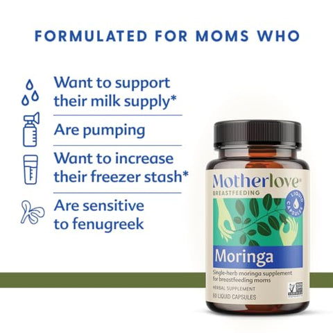 Moringa – 60 Cápsulas Líquidas para Lactação, Estimula a Produção de Leite Materno – Não-OGM, Ervas Orgânicas, Vegano, Kosher - Motherlove