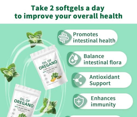 podafu - Óleo de Orégano Softgels, 300 Cápsulas Softgels de Suplemento de Óleo de Orégano, 2 em 1 Formulado com Óleo de Semente Negra 200mg, Não-OGM