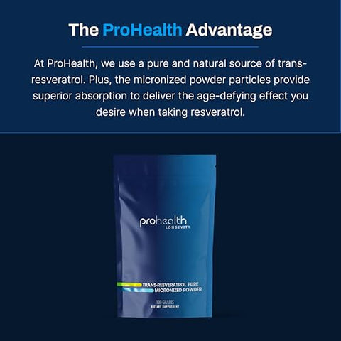 Longevity – Pó Trans Resveratrol a Granel 100g – Grau Farmacêutico Puro, 1000mg por Porção, Absorção e Bioacessibilidade Superiores - ProHealth