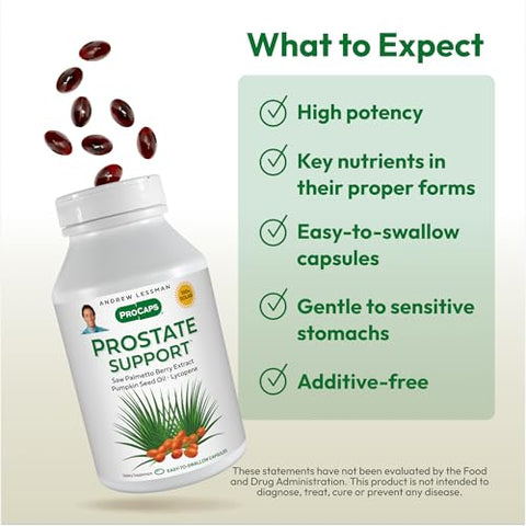 Suplemento de Suporte à Próstata para a Saúde Masculina, 180 Softgels, Sem Aditivos – Saw Palmetto para Homens, Óleo de Semente de Abóbora, Licopeno - ANDREW LESSMAN