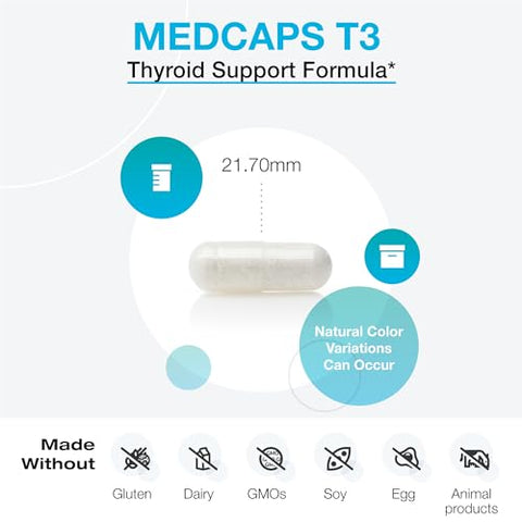 MedCaps T3 – Fórmula de Suporte à Tireoide com Vitaminas e Ervas – Selênio, Zinco, Vitamina E C, Ashwagandha, Extrato de Guggul e Suplemento de Iodo (120 Cápsulas) - XYMOGEN