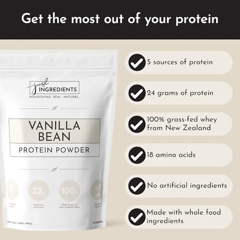 Proteína em Pó JUST INGREDIENTS | Proteína de Baunilha Feita com 100% Whey de Pasto, Não Desnaturada | Quatro Fontes de Proteína de Alimentos Orgânicos | 15g