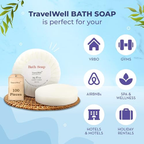 Sabonete em Barra a Granel Travelwell – Pacote com 100 unidades, Sabonetes de Viagem de 1,0 oz (28g) – Sabonetes Individuais Embalados para Hotéis – Ideal para Produtos de Higiene em Aluguel de Férias e Airbnb
