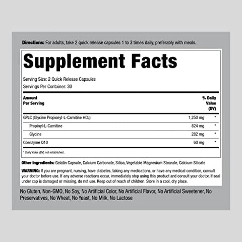 GPLC Glycine Propionyl-L-Carnitine | 1250mg | 60 Cápsulas | CoQ10 | Suplemento Livre de GMO e Glúten - Piping Rock
