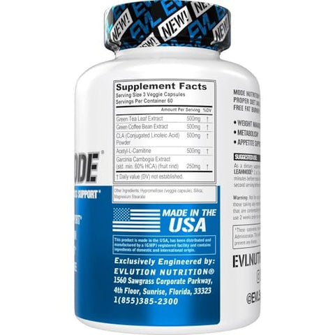 Evlution - EVL Weight Loss Support Pills – LeanMode com Extrato de Café Verde, CLA e Garcinia – Suporte Premium para Perda de Peso, Metabolismo e Queima de Gordura para Homens e Mulheres