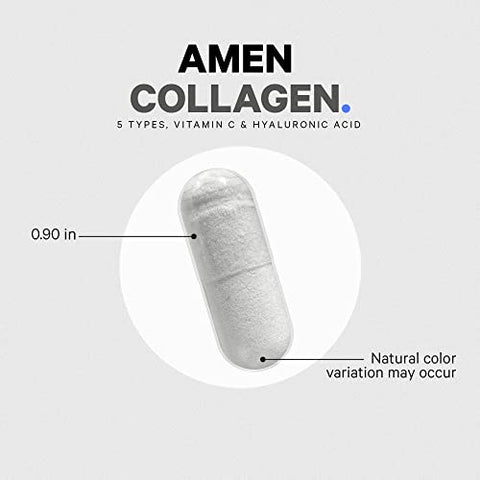Multi Colágeno Cápsulas com Ácido Hialurônico e Vitamina C – 5 Tipos de Proteína de Colágeno Tipo I, II, III, V, X – Hidrolisado de Pasto – 18 Aminoácidos – Colágeno - Amen
