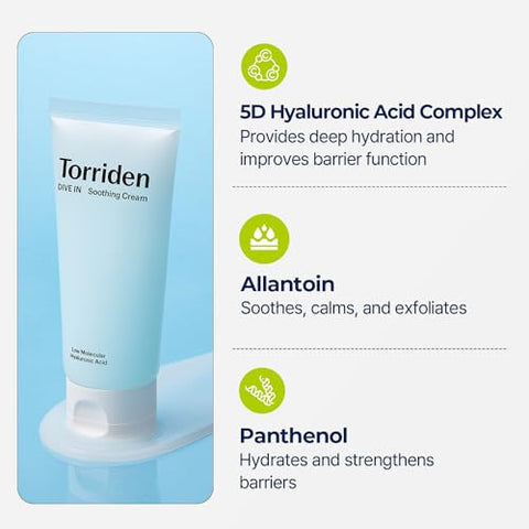 Creme Soothing de Ácido Hialurônico Torriden DIVE-IN 100ml | Hidratante Facial Revitalizante para Pele Sensível e Seca | Sem Fragrância, Sem Álcool, Sem Corantes | Vegano
