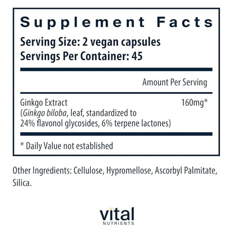 Ginkgo Extrato 50:1 – Suporte para Acuidade Mental e Circulação – 90 Cápsulas por Frasco – 80 mg - Vital Nutrients