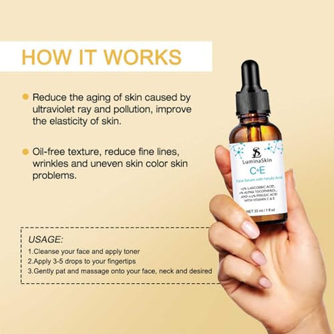 LuminaSkin - Sérum Facial de Vitamina C – Vitamina CE com Ácido Ferúlico para Mulheres – Vitamina E e Sérum de Ferúlico para Cuidados com a Pele – Sérum de Vitamina C para o Rosto – Corretor de Manchas Escuras, Cuidados Anti-Envelhecimento 30ml