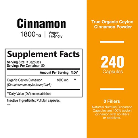 Nature's Nutrition - Cápsulas de Canela Pura Certificada Orgânica, Cápsulas de Canela Ceylon, Sem OGM, Sem Glúten, Sem Lactose, Suplemento em Pó de Canela do Sri Lanka, Melhores Vitaminas Veganas de Cinnamomum True