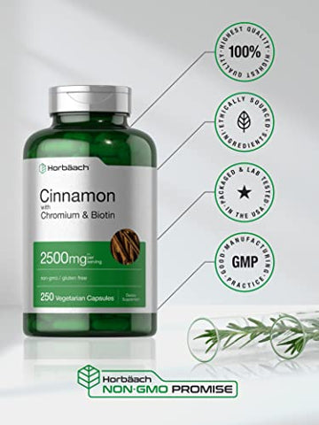 Horbäach - Canela com Picolinato de Cromo 2500mg | 250 Cápsulas | com Biotina | Vegetariano, Não-OGM, Sem Glúten | Horbaach