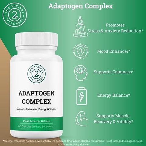 2nd Springs - Adaptogen Complexo Calmante, Energia e Vitalidade – Ashwagandha, Schisandra, Astragalus, Ginseng, Rhodiola e Mais – Promove Equilíbrio, Foco e Bem-Estar Geral – 60 Ct
