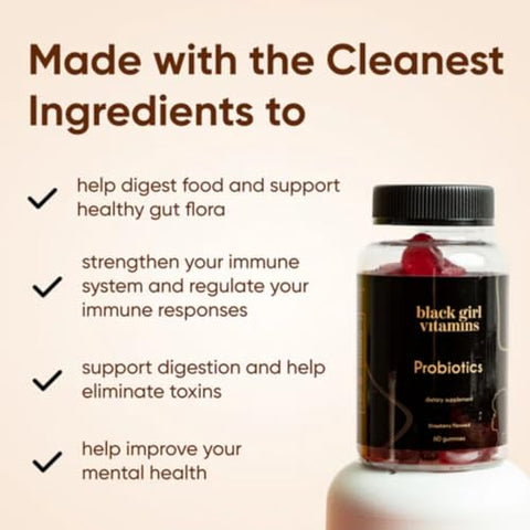 Black Girl Vitamins - Vitaminas Black Girl – Gomas Probióticas para Saúde Digestiva e Suporte Imunológico, Vitaminas Livres de Glúten (Framboesa-Melancia), 60 unidades