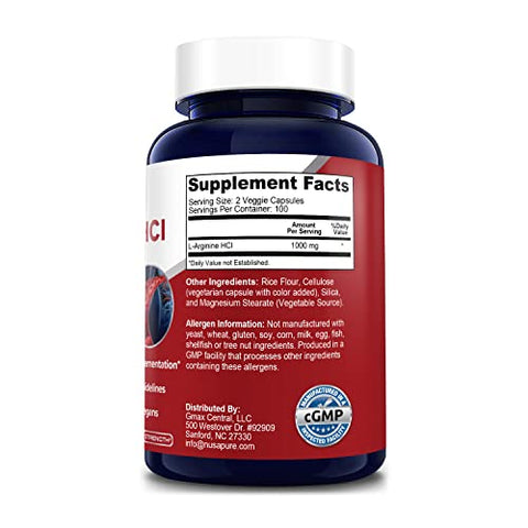 L-Arginina 1000 mg 200 Cápsulas Vegetarianas (Sem OGM, Sem Glúten) - NusaPure