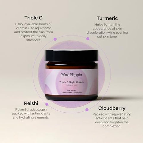 Creme Noturno Mad Hippie Triple C – Hidratante Facial e Creme Clareador para Mulheres/Homens, 3 Formas de Vitamina C, Creme Anti-Envelhecimento, 60g