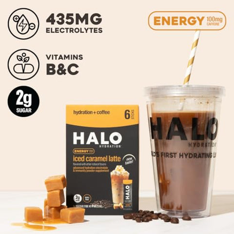 HALO Sport - HALO Iced Caramel Latte – Pó de Bebida Energética – Mistura de Café Saudável para Hidratação com Eletrólitos, Cafeína, Vitaminas e Minerais – 20 Calorias – Keto e Baixa Caloria – 1 x 12