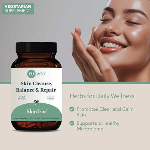 R-U VED - Ruved SkinTrio: Suplemento Ayurvédico para Pele Clara, Calma e Radiante, Suporte para Desintoxicação e Digestão com Neem, 60 Cápsulas Vegetarianas