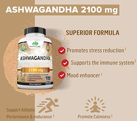 NaturaLife Labs A Higher Standard - Ashwagandha Orgânica 2.100 mg – 100 Cápsulas Veganas de Pó Puro de Ashwagandha Orgânica e Extrato de Raiz – Alívio do Estresse, Melhorador de Humor