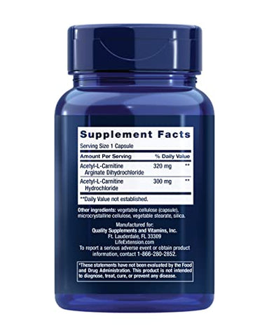 Suplemento de Carnitina Avançada Acetyl-L-Carnitine Arginate da Life Extension para Memória, Cognição e Energia Celular