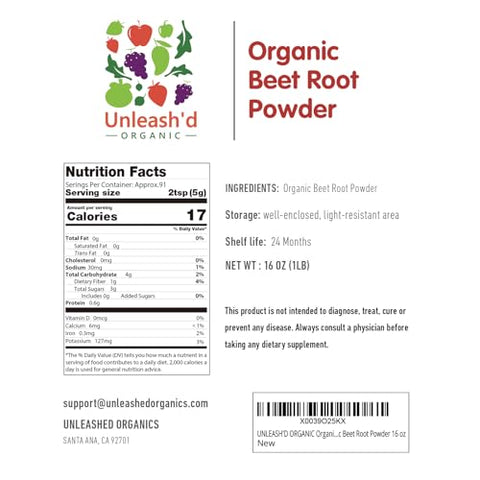 UNLEASH'D ORGANIC - UNLEASH’D ORGANIC – Pó de Beterraba Orgânica 454g – Superfood Natural Impulsionador de Óxido Nítrico – Aumenta a Resistência e Energia