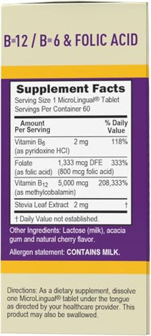 Vitamina B12 Methylcobalamin (5000 mcg), B6, Ácido Fólico, Comprimidos Sublinguais de Dissolução Rápida, 60 un, Aumenta Energia, Coração Saudável, Estimula Metabolismo - Superior Source