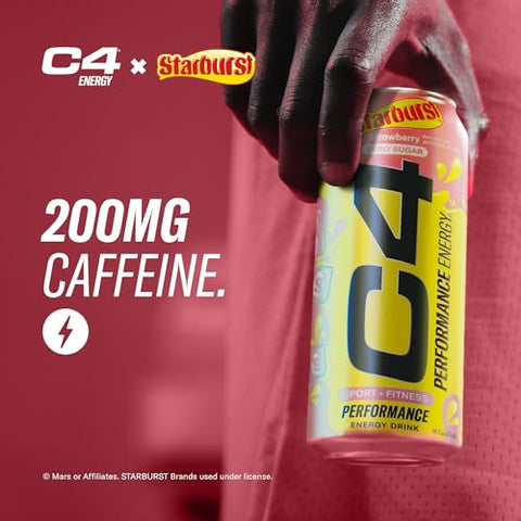 Cellucor - C4 Performance Energy Drink, STARBURST™ Morango, Bebida Pré-Treino Gaseificada Sem Açúcar e Corantes Artificiais (Pack com 12 unidades de 473 ml)