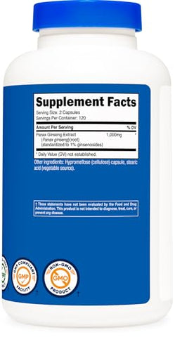 Panax Ginseng 1000mg – 240 Cápsulas | Sem GMO, Sem Glúten | 120 Porções - Nutricost