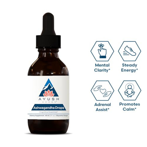 Ashwagandha Drops – Suporte Cognitivo, Adrenal e Imunológico, Herbal Ayurvédico Livre de Álcool, 60ml - Ayush Herbs