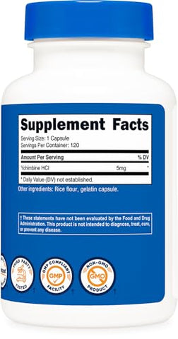 Yohimbine HCl 5mg – 120 Cápsulas | Livre de Glúten e Não-OGM - Nutricost