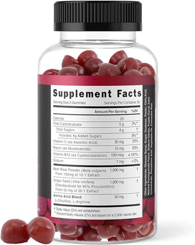 VITAMIZED - Gummies de Beterraba Potente 1000mg – Suplemento de Óxido Nítrico – Mastigáveis de Beterraba com Semente de Uva