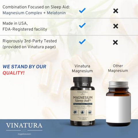 VINATURA - Magnésio para Dormir – Complexo de Magnésio com Melatonina – 500mg de Magnésio Glicinato, Magnésio L-Teanina – 120 Cápsulas