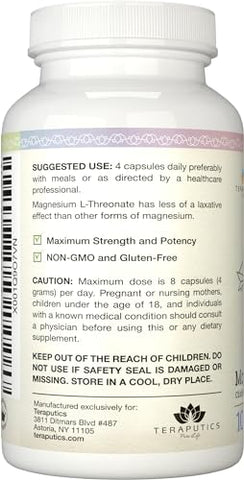 Teraputics - Magnésio L Treonato (Fórmula Original Magtein) – 2000 mg 100 Cápsulas Veganas Não-OGM Altamente Absorvente Suplemento Puro de Vitamina para Cognição – Sem Laxante