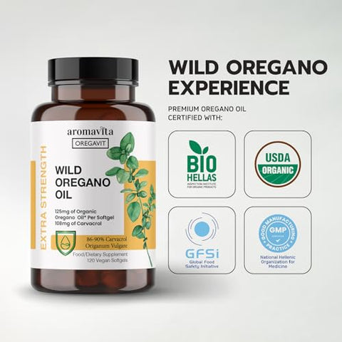AROMAVITA - Oregavit Cápsulas de Óleo de Orégano Selvagem Grego | 86-90%% Carvacrol – 125mg Óleo de Orégano por Softgel – Imunidade