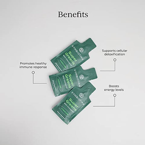 Super Greens: Suplemento com Clorofila, Spirulina, Pacotes Diários de Superfood Vegano para Saúde Digestiva, Desintoxicação, Energia e Suporte Imunológico, Sabor Limão Citrus, 15g - CYMBIOTIKA