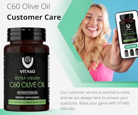 VITA60 - Cápsulas de Óleo C60 | Vitalidade Antienvelhecimento e Suporte Antioxidante | C60 Puro 99,99% Livre de Solventes | Óleo Orgânico | Amigável aos Veganos | Atendimento ao Cliente Superior (Azeite)