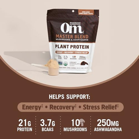 Mushroom Superfood Master Blend – Pó de Proteína à Base de Plantas, 19,26 Onças (545g), 16 Porções, Saboroso Chocolate Cremoso com Complexo de 10 Cogumelos, Leão Mane, Adaptógenos para Ótimo Desempenho - OM