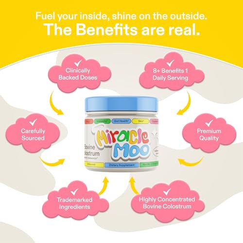 Miracle Moo - Suplemento de Colostro para Saúde Intestinal, Crescimento Capilar, Beleza e Suporte Imunológico – Pó Bovino de Pasto Fácil de Misturar – Maior IgG Plus ImmunoLin, Sem Sabor, 60 Porções