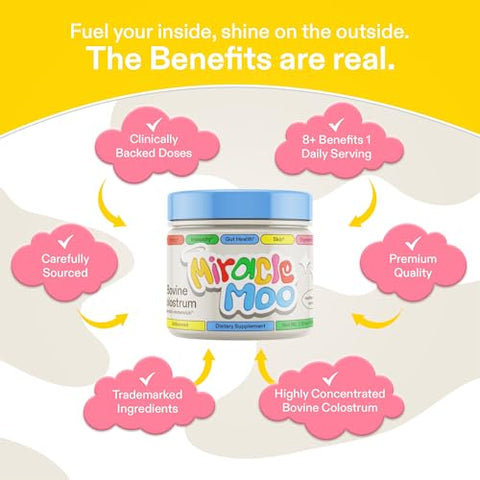 Miracle Moo - Suplemento de Colostro para Saúde Intestinal, Crescimento Capilar, Beleza e Suporte Imunológico – Pó Bovino de Pasto Fácil de Misturar – Maior IgG Plus ImmunoLin, Sem Sabor, 60 Porções