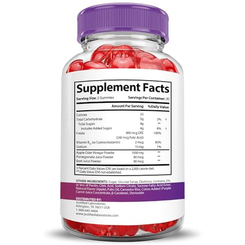 Justified Laboratories - Pure Slim Keto ACV Gummies 1000MG Fórmula Avançada PureSlim Keto Gummies Vinagre de Maçã com Romã e Beterraba em Pó B12 Vegano Não GMO 60 Gomas