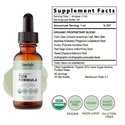 Fórmula Orgânica para Carrapatos: Suporte ao Sistema Imunológico – Tintura Herbal Concentrada com Unha de Gato, Andrographis, Erva-de-São-João - LIMELIGHT HERBALS