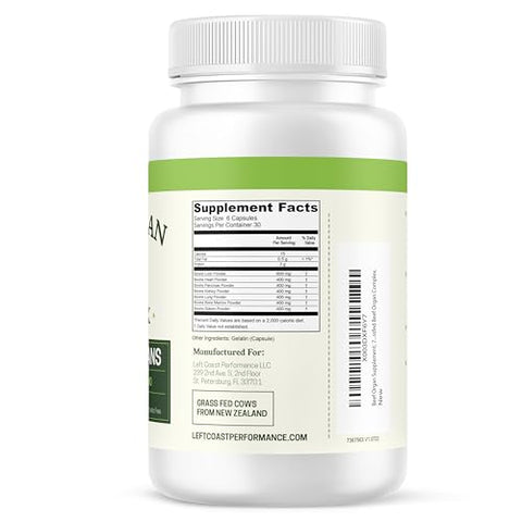 Left Coast Performance - Suplemento de Órgãos Bovinos de Pasto – Complexo de 7 Órgãos Bovinos da Nova Zelândia – Fígado, Coração, Pâncreas, Rim, Pulmão, Baço, Medula Óssea – Livre de Transgênicos, Sem Preenchedores, Hormônios