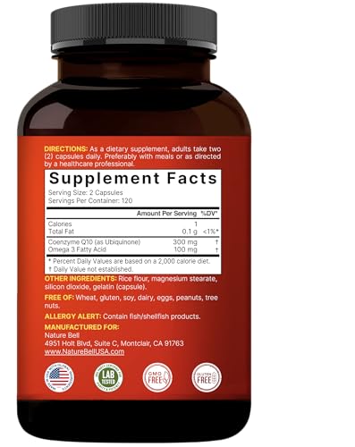NatureBell - CoQ10 (Ubiquinona) 300mg com Ácidos Graxos Ômega 3, 240 Cápsulas | Fórmula Estável de Alta Absorção – Suporte Antioxidante para o Coração